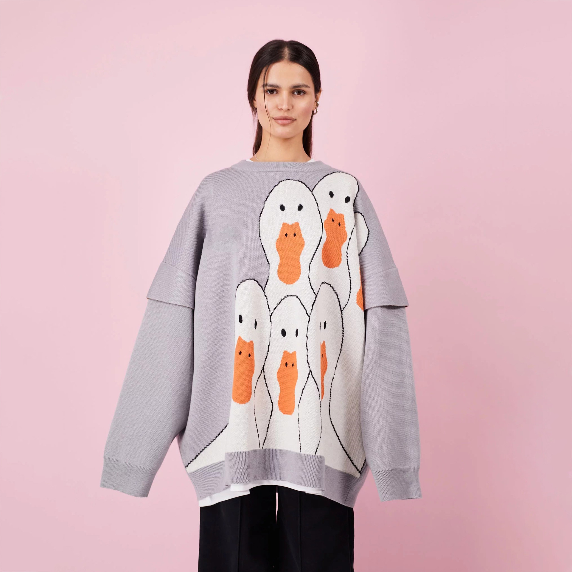 Designsoo Cartoon Duck Jacquard Patchwork Long Sleeve Oversized Sweater for Women – Casual Knit Pullover