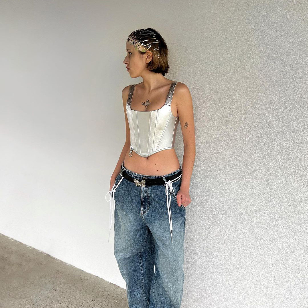 Designsoo Edgy Fishbone Print PU Leather Crop Tank Top for Women