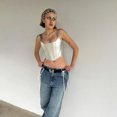 Designsoo Edgy Fishbone Print PU Leather Crop Tank Top for Women 01