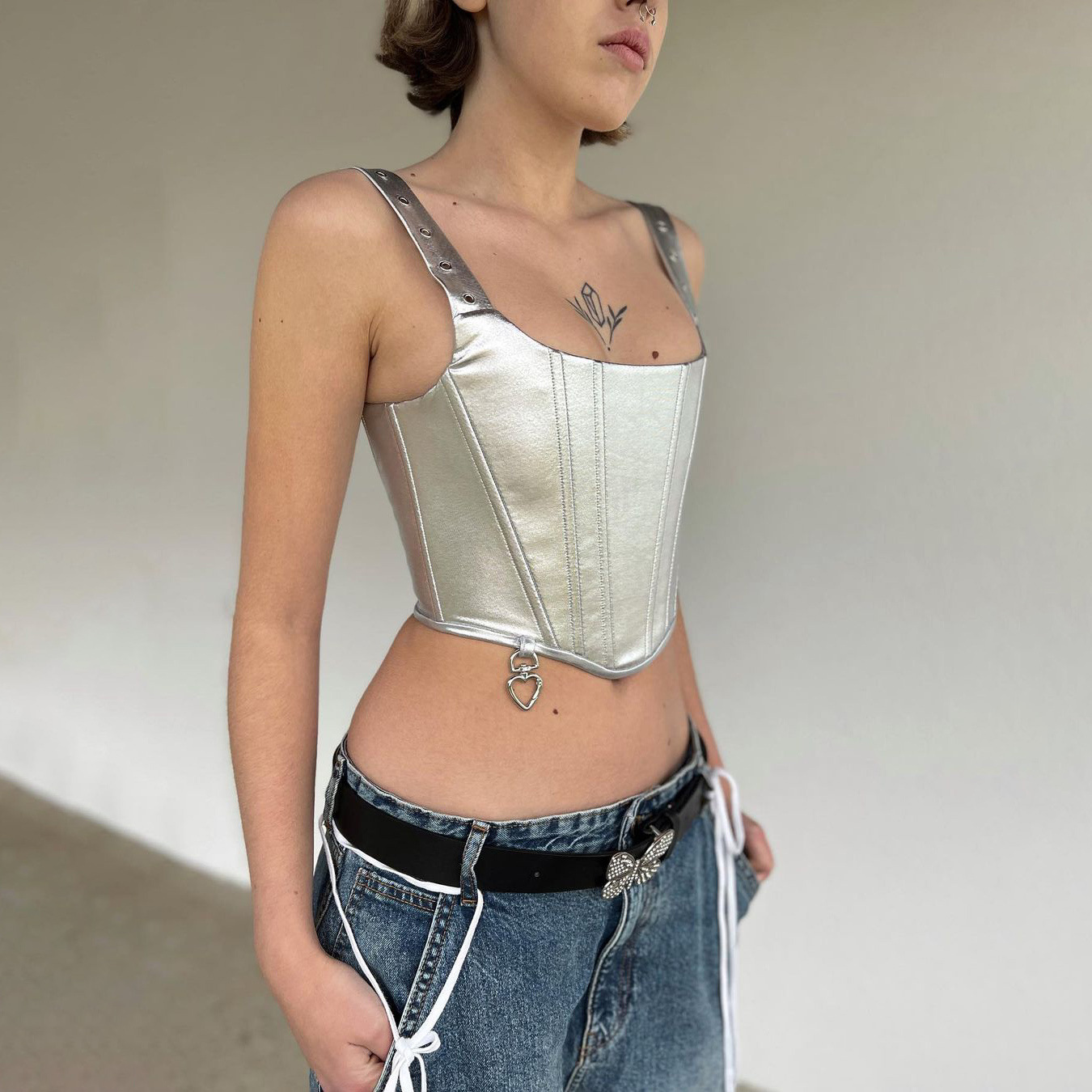 Designsoo Edgy Fishbone Print PU Leather Crop Tank Top for Women