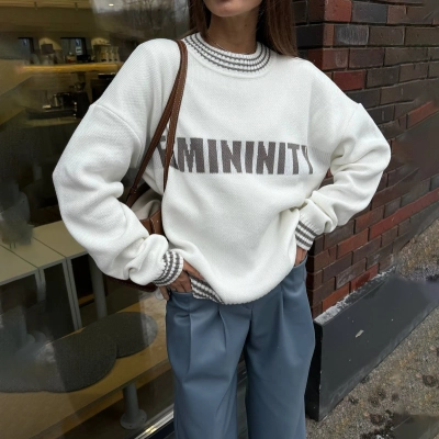 Designsoo French Style Colorblock Letter Jacquard Oversized Sweater for Women – Casual Knit Pullover 02