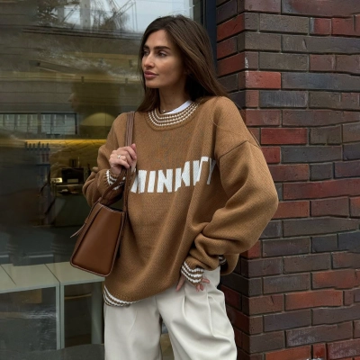 Designsoo French Style Colorblock Letter Jacquard Oversized Sweater for Women – Casual Knit Pullover 01