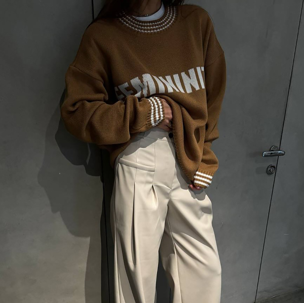 Designsoo French Style Colorblock Letter Jacquard Oversized Sweater for Women – Casual Knit Pullover