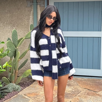 Designsoo French Style Halter Neck Blue & White Striped Oversized Sweater for Women 02