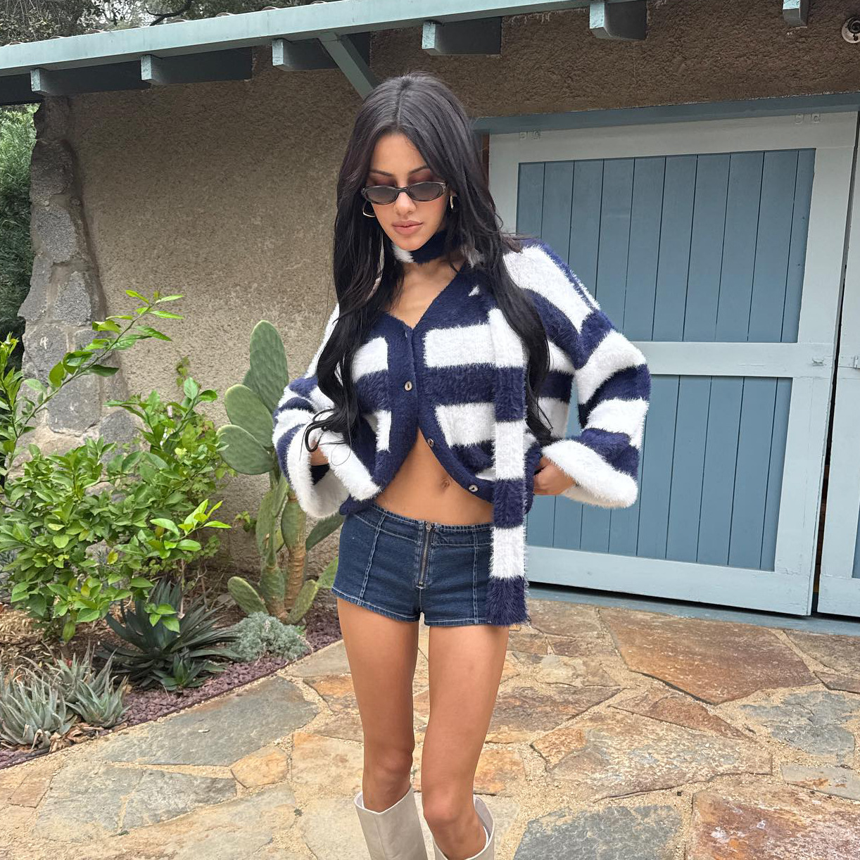 Designsoo French Style Halter Neck Blue & White Striped Oversized Sweater for Women