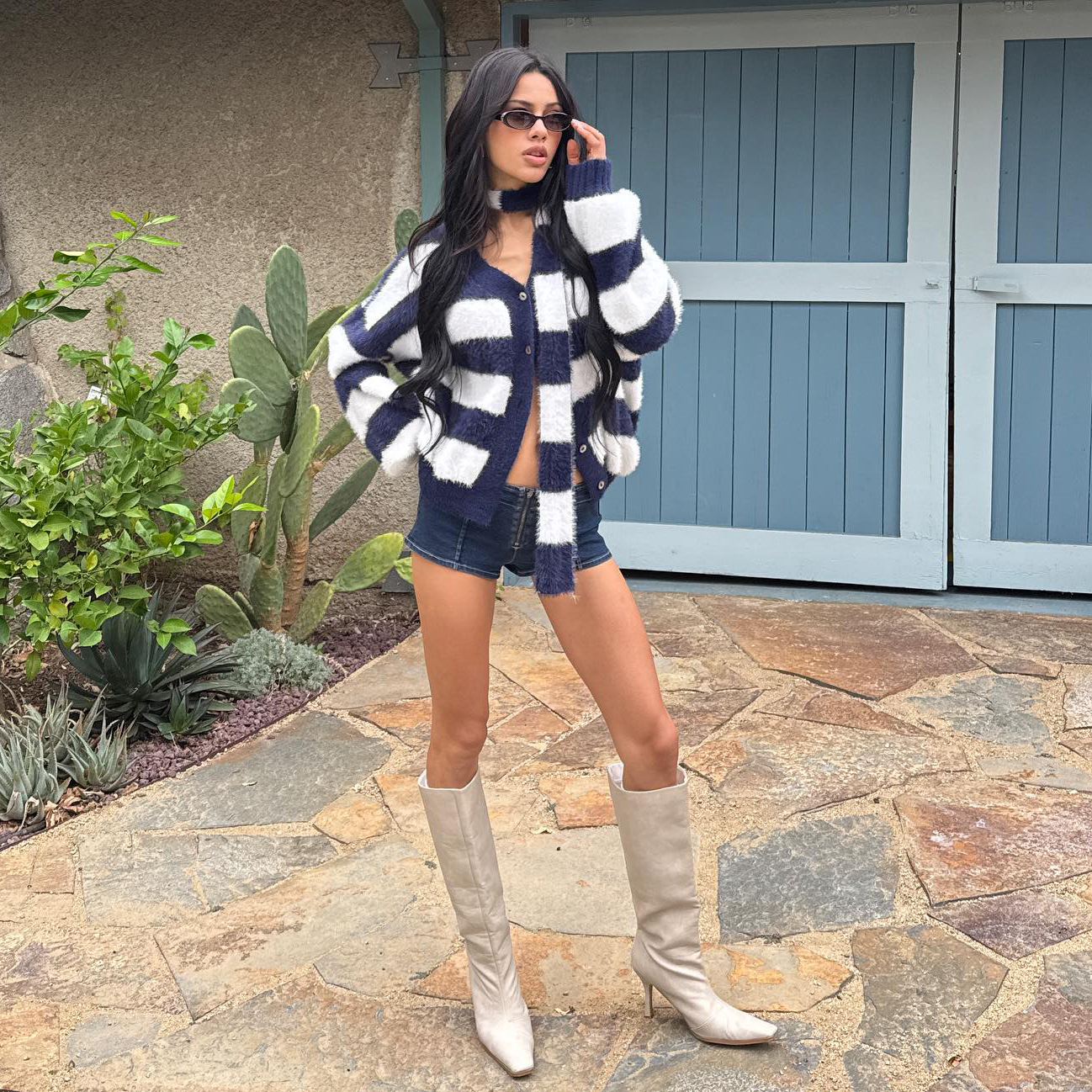 Designsoo French Style Halter Neck Blue & White Striped Oversized Sweater for Women