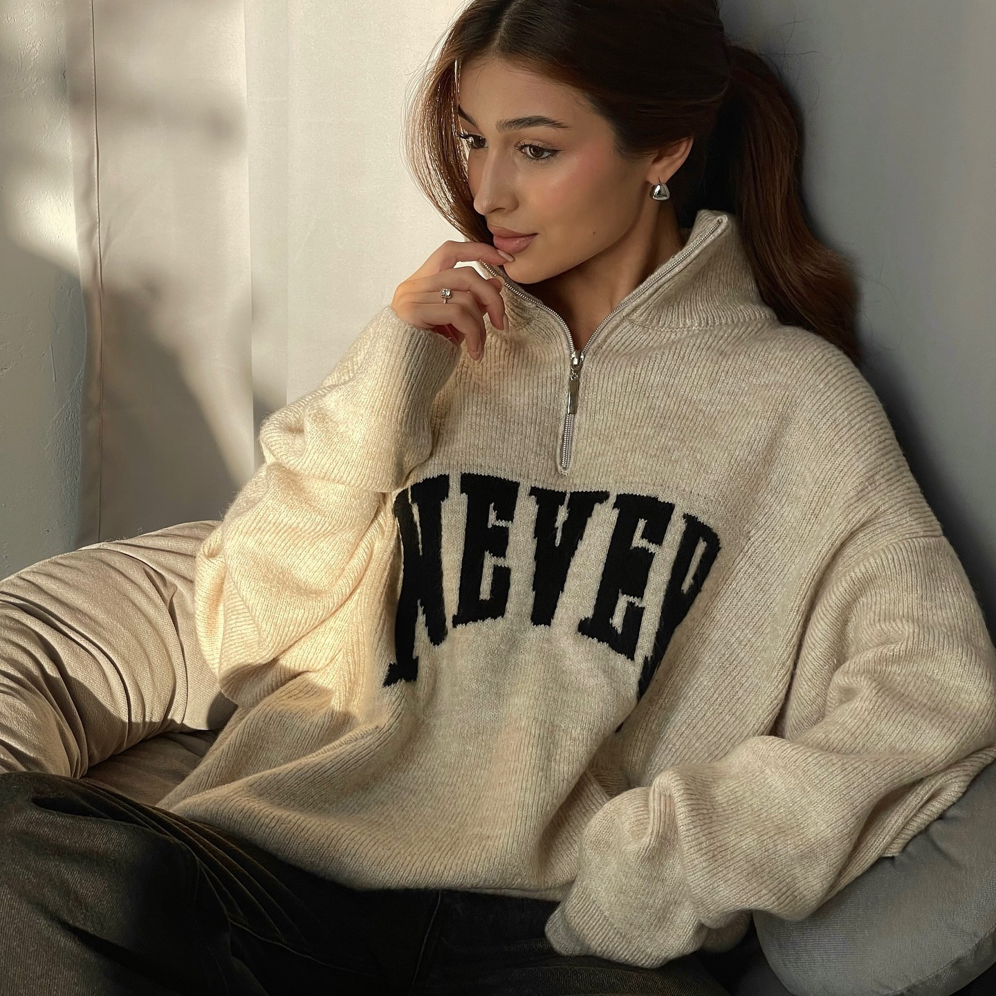 Designsoo French Sweet & Spicy Colorblock Letter Half-Zip Sweater for Women – Casual Knit Pullover