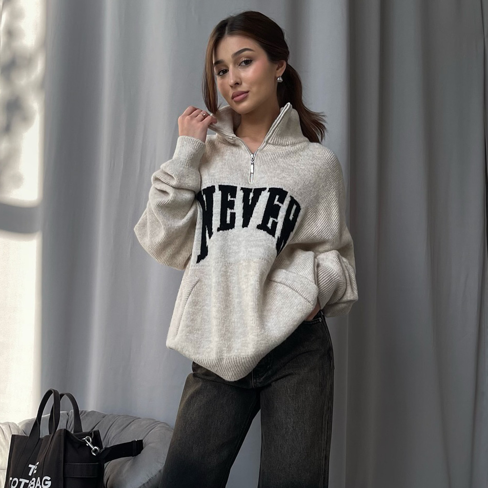 Designsoo French Sweet & Spicy Colorblock Letter Half-Zip Sweater for Women – Casual Knit Pullover