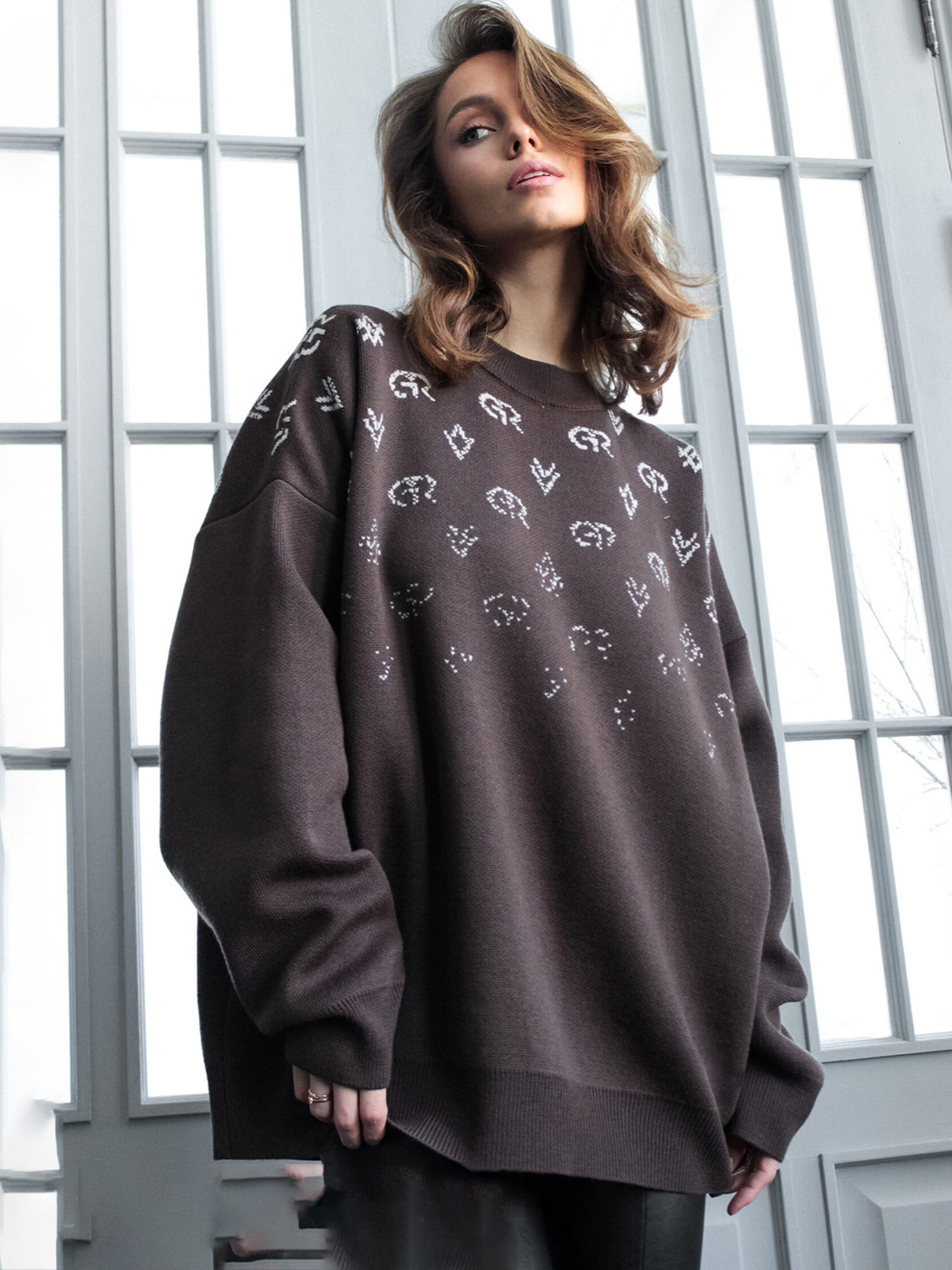 Geometric Pattern Oversized Sweater for Women – Artistic Knit Pullover