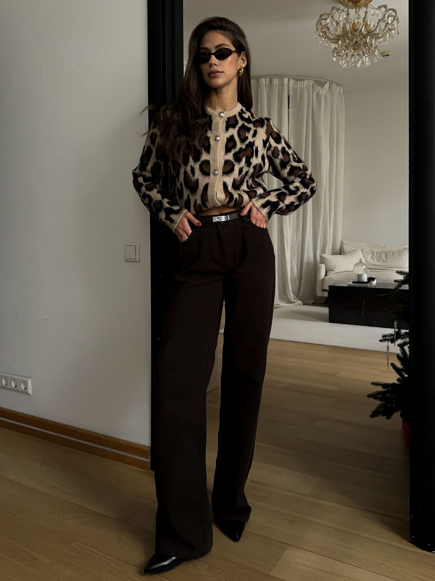 Designsoo Leopard Print Metal Button Oversized Sweater Cardigan for Women – Casual Knit Open Front Jacket