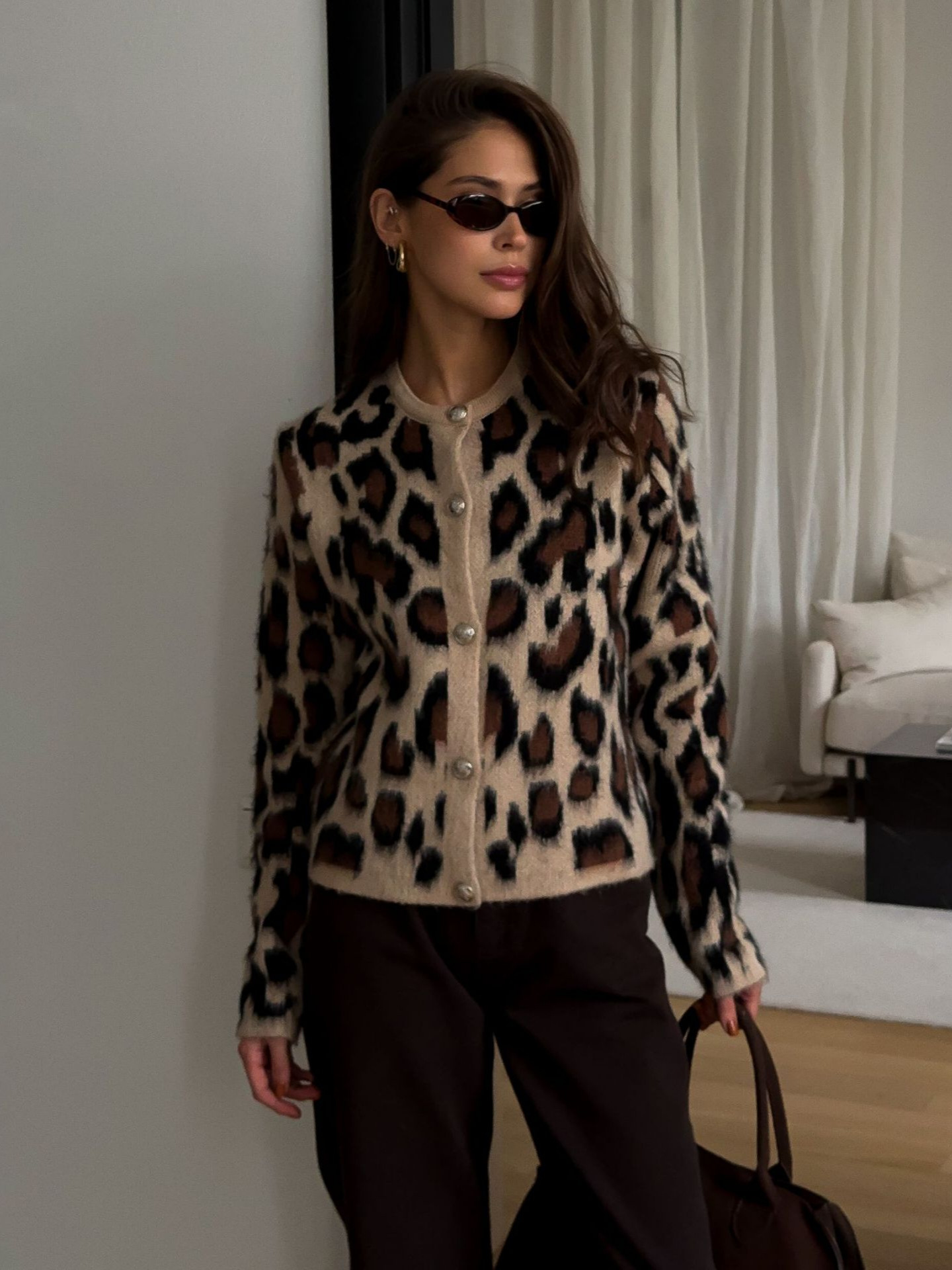Designsoo Leopard Print Metal Button Oversized Sweater Cardigan for Women – Casual Knit Open Front Jacket