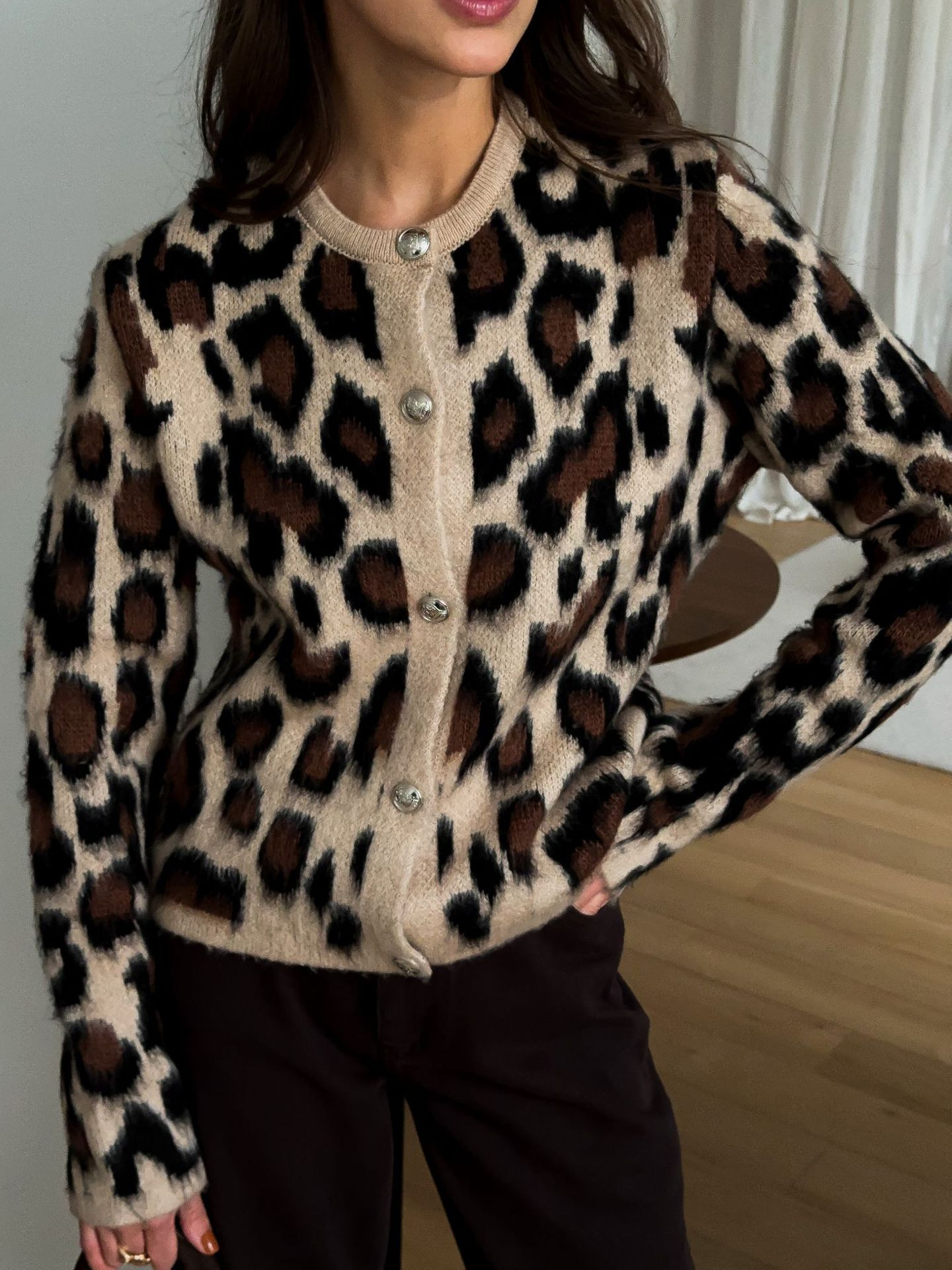 Designsoo Leopard Print Metal Button Oversized Sweater Cardigan for Women – Casual Knit Open Front Jacket