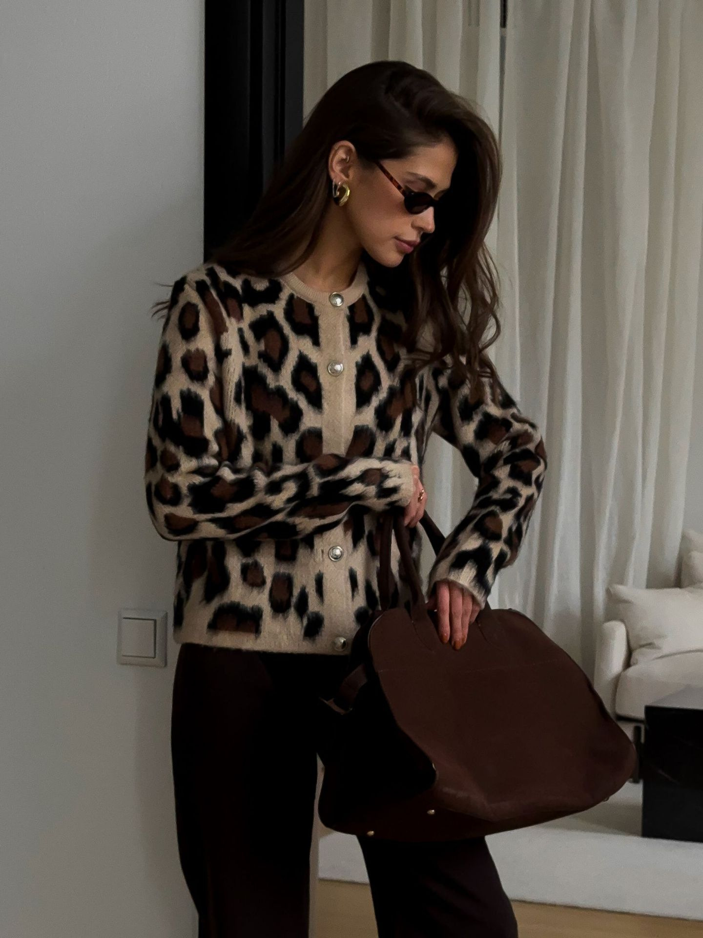 Designsoo Leopard Print Metal Button Oversized Sweater Cardigan for Women – Casual Knit Open Front Jacket