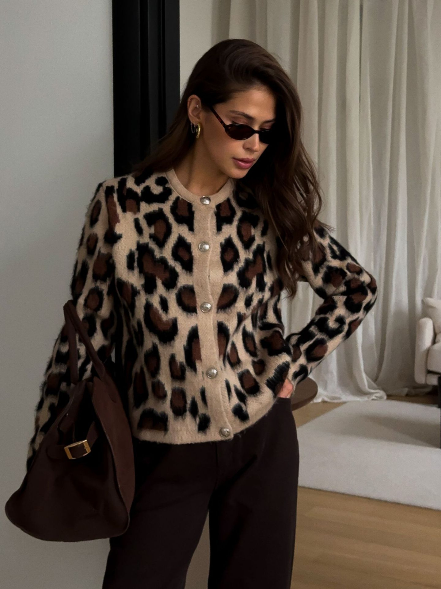 Designsoo Leopard Print Metal Button Oversized Sweater Cardigan for Women – Casual Knit Open Front Jacket