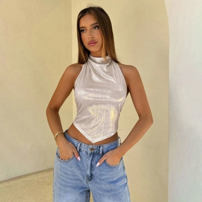 Designsoo Metallic Shiny Strap Crop Top Tank Top for Women 02