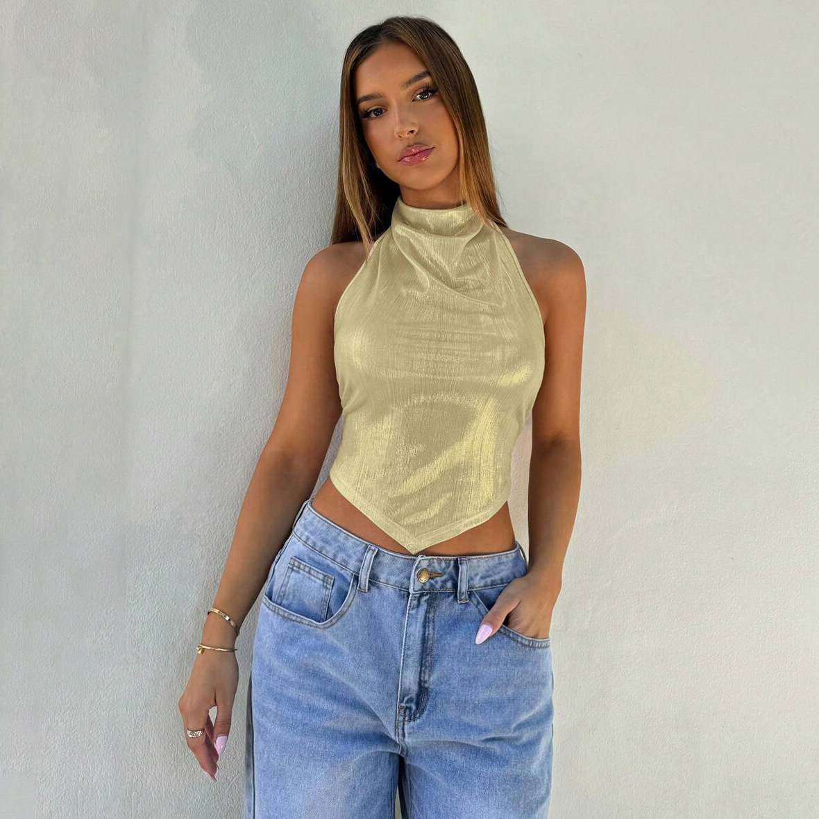 Designsoo Metallic Shiny Strap Crop Top Tank Top for Women