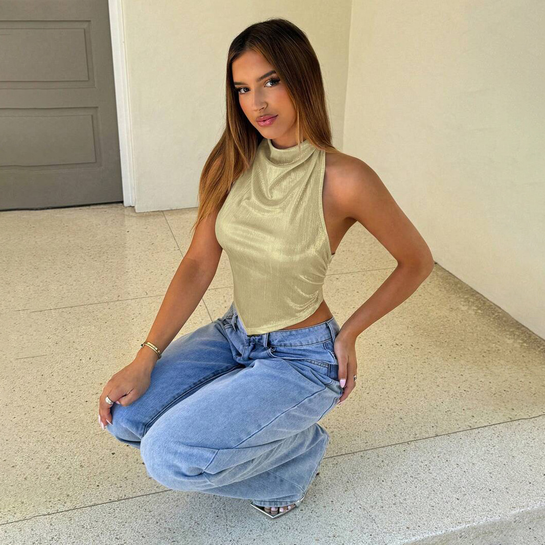 Designsoo Metallic Shiny Strap Crop Top Tank Top for Women