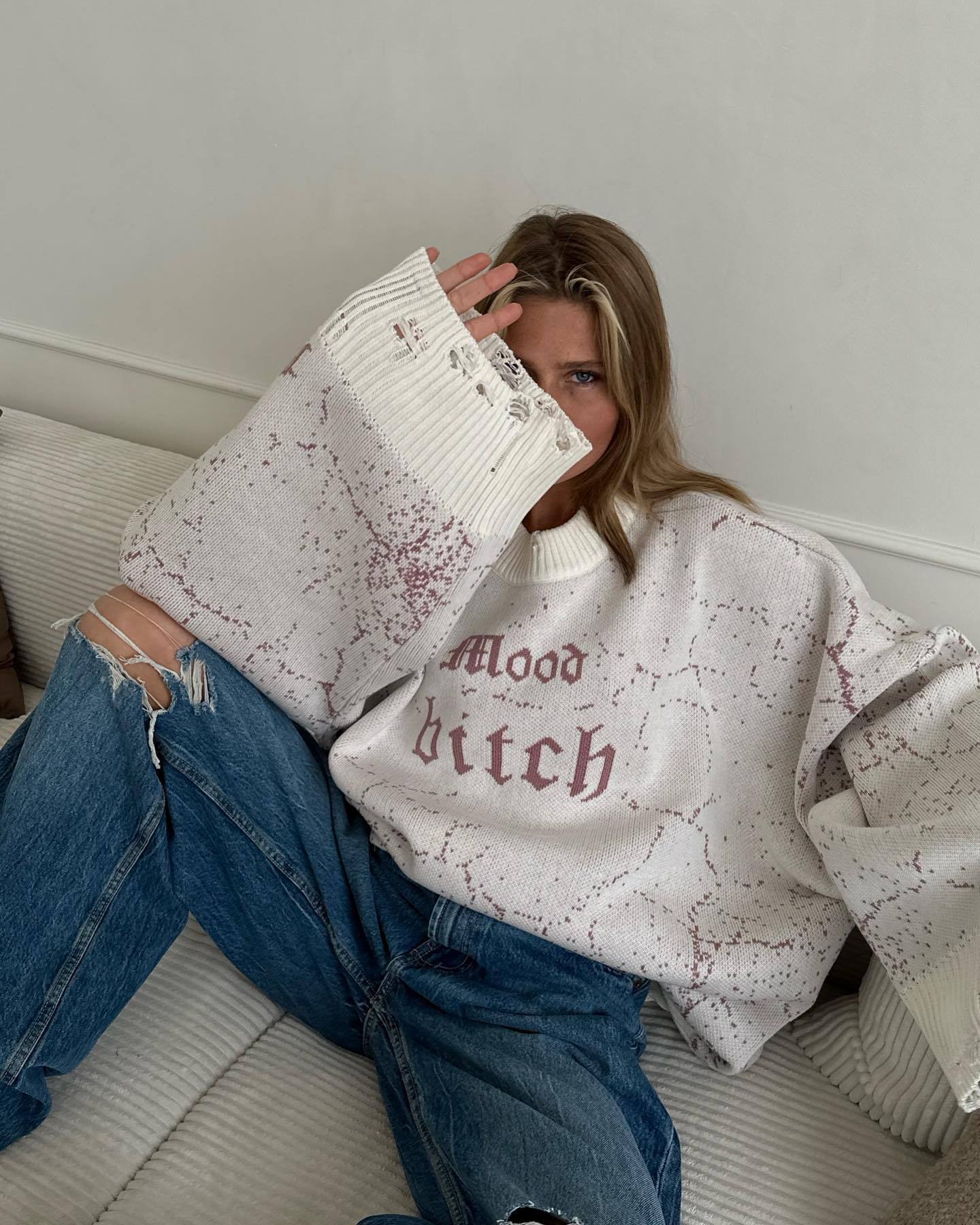 Designsoo Oversized Letter Embroidery Distressed Sweater for Women/Men – Streetwear Style Knit Pullover