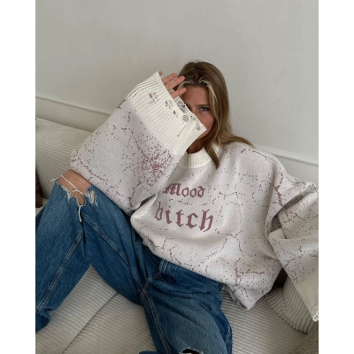 Designsoo Oversized Letter Embroidery Distressed Sweater for Women/Men – Streetwear Style Knit Pullover 02