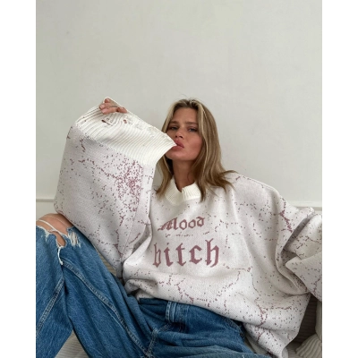 Designsoo Oversized Letter Embroidery Distressed Sweater for Women/Men – Streetwear Style Knit Pullover 01