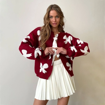 Designsoo Rhinestone Bow Embellished Open Front Oversized Sweater for Women – Casual Knit Cardigan 01