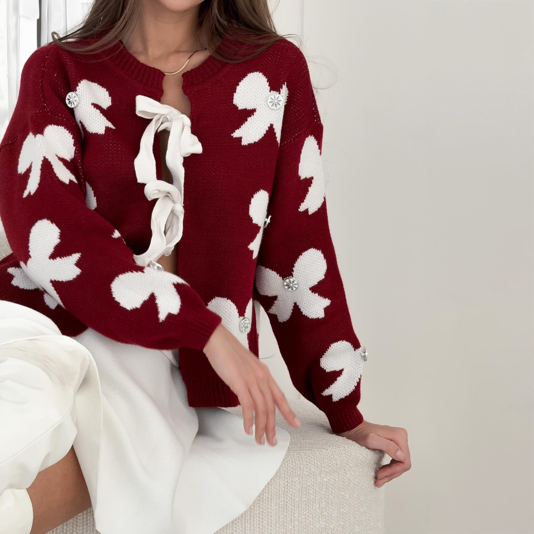 Designsoo Rhinestone Bow Embellished Open Front Oversized Sweater for Women – Casual Knit Cardigan