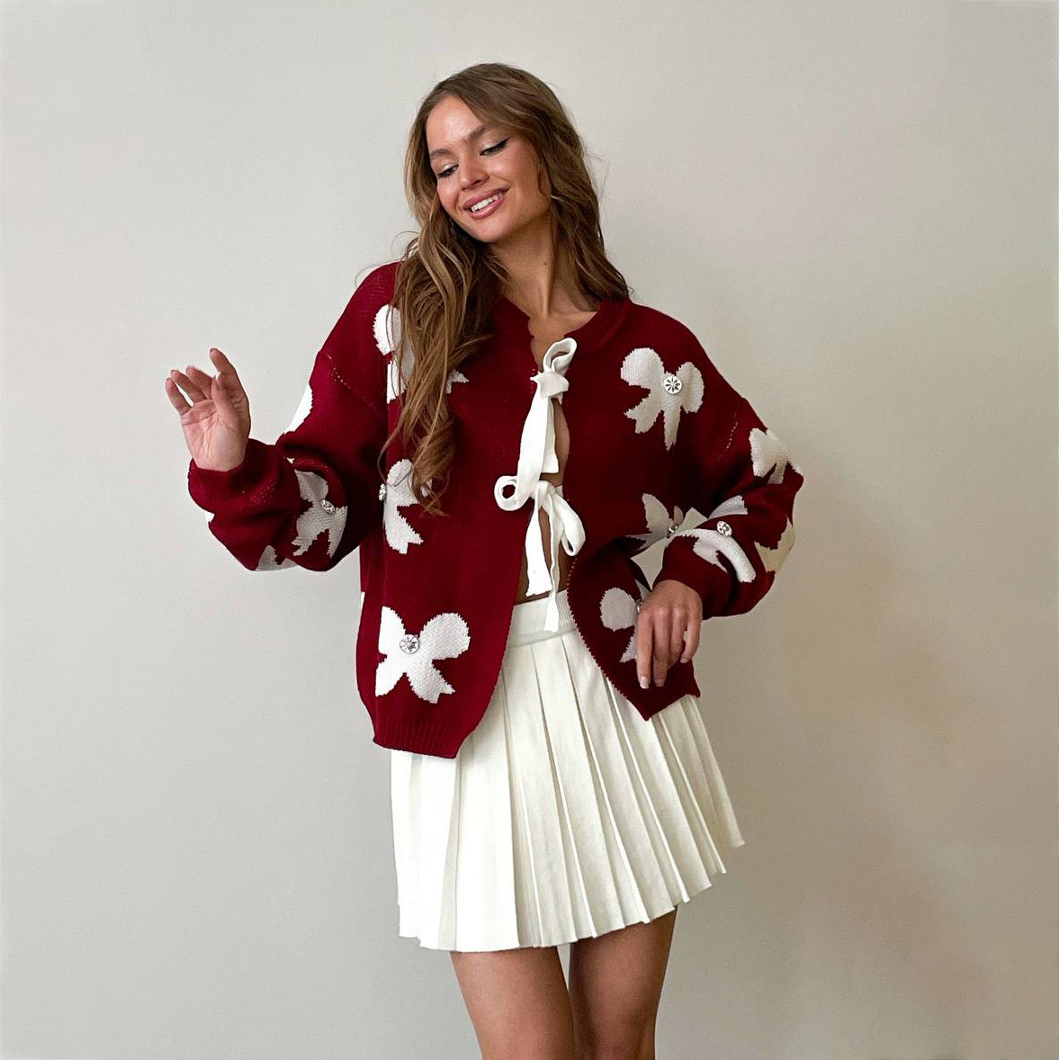 Designsoo Rhinestone Bow Embellished Open Front Oversized Sweater for Women – Casual Knit Cardigan