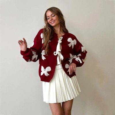 Designsoo Rhinestone Bow Embellished Open Front Oversized Sweater for Women – Casual Knit Cardigan 02