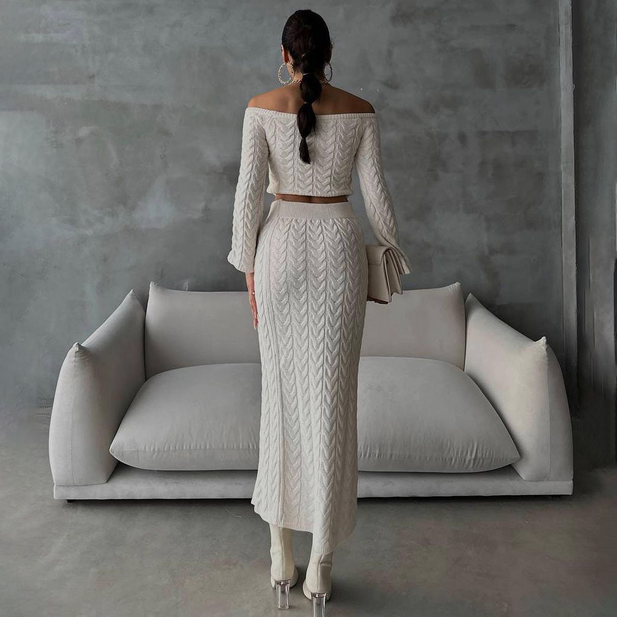 Designsoo Sexy Off-Shoulder Crop Top + High Slit Midi Skirt 2-Piece Set