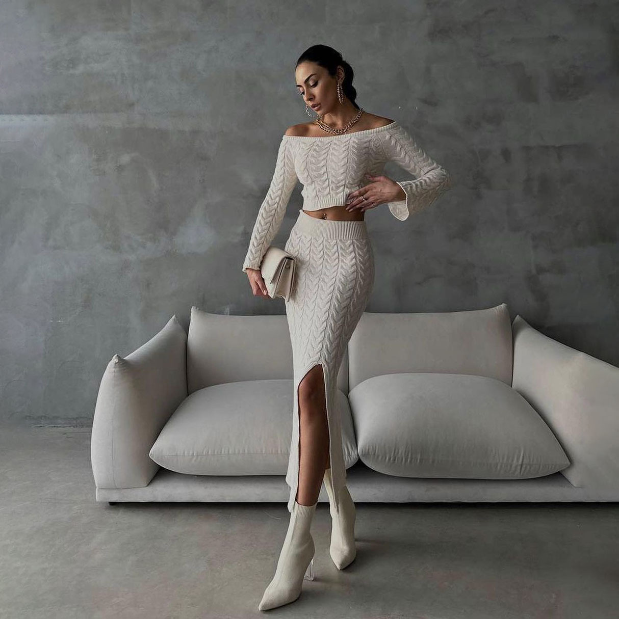 Designsoo Sexy Off-Shoulder Crop Top + High Slit Midi Skirt 2-Piece Set