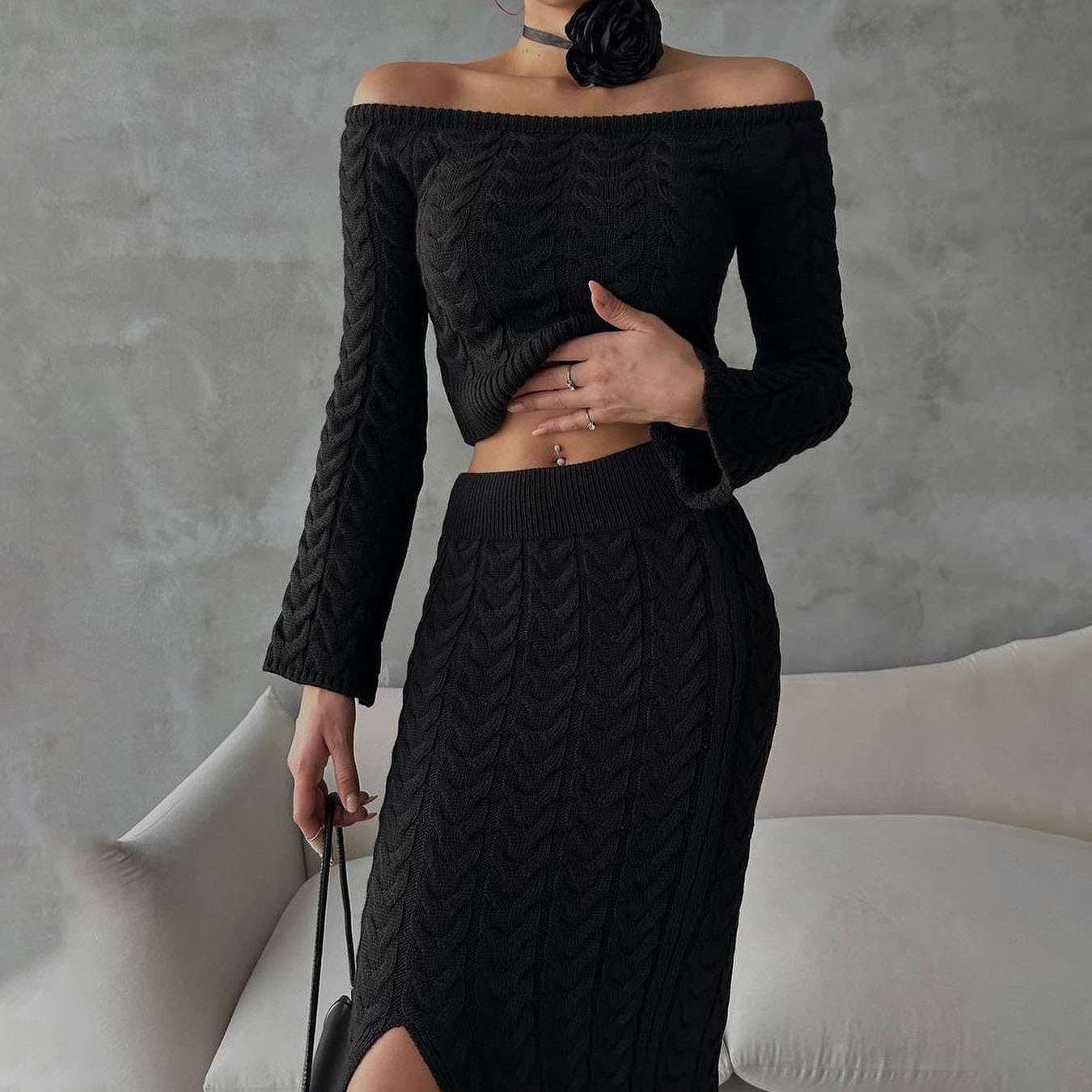 Designsoo Sexy Off-Shoulder Crop Top + High Slit Midi Skirt 2-Piece Set