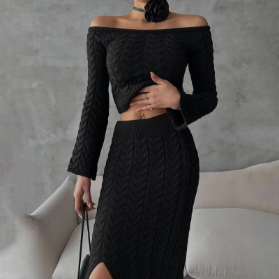 Designsoo Sexy Off-Shoulder Crop Top + High Slit Midi Skirt 2-Piece Set 01