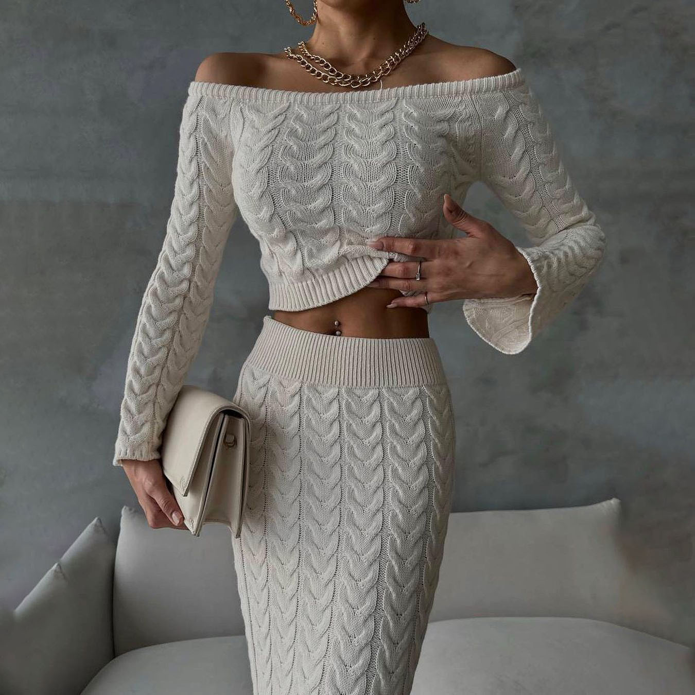 Designsoo Sexy Off-Shoulder Crop Top + High Slit Midi Skirt 2-Piece Set