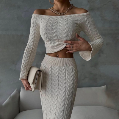 Designsoo Sexy Off-Shoulder Crop Top + High Slit Midi Skirt 2-Piece Set 02