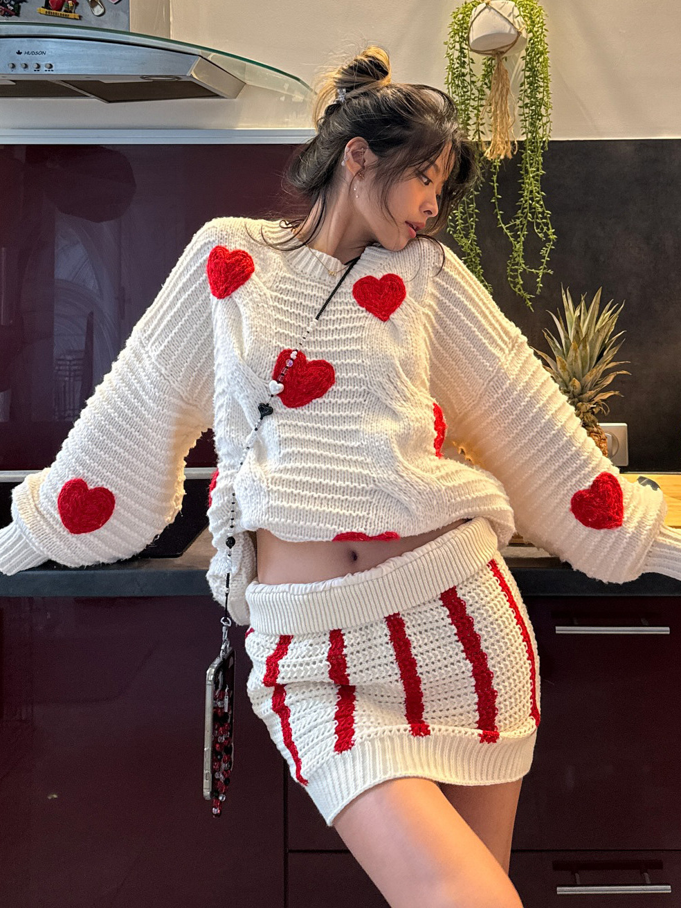 Designsoo Sweet & Spicy Heart Jacquard Cutout Oversized Sweater for Women – Casual Knit Pullover