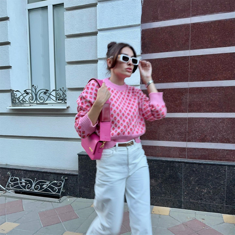 Designsoo Sweet Knit Sweater for Women – Cute Strawberry Print, Colorblock Crewneck Short Pullover