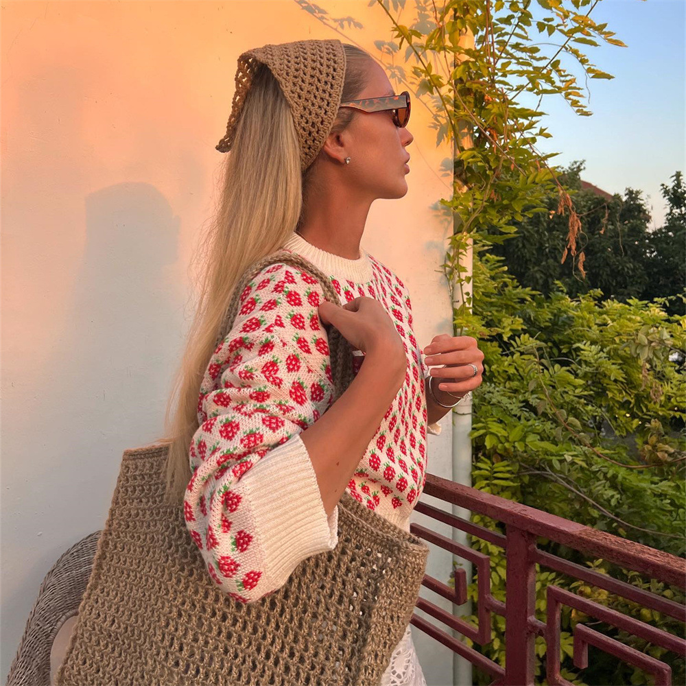 Designsoo Sweet Knit Sweater for Women – Cute Strawberry Print, Colorblock Crewneck Short Pullover