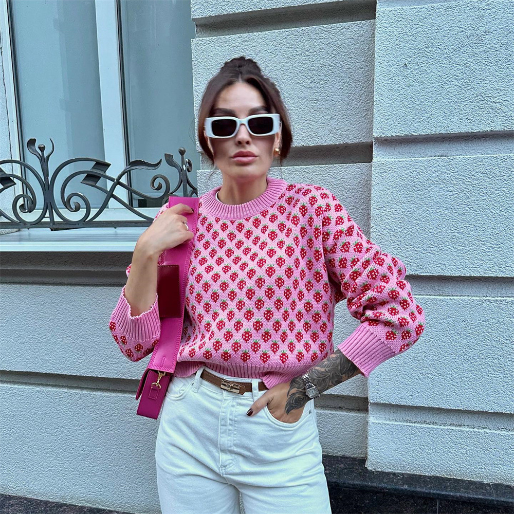 Designsoo Sweet Knit Sweater for Women – Cute Strawberry Print, Colorblock Crewneck Short Pullover