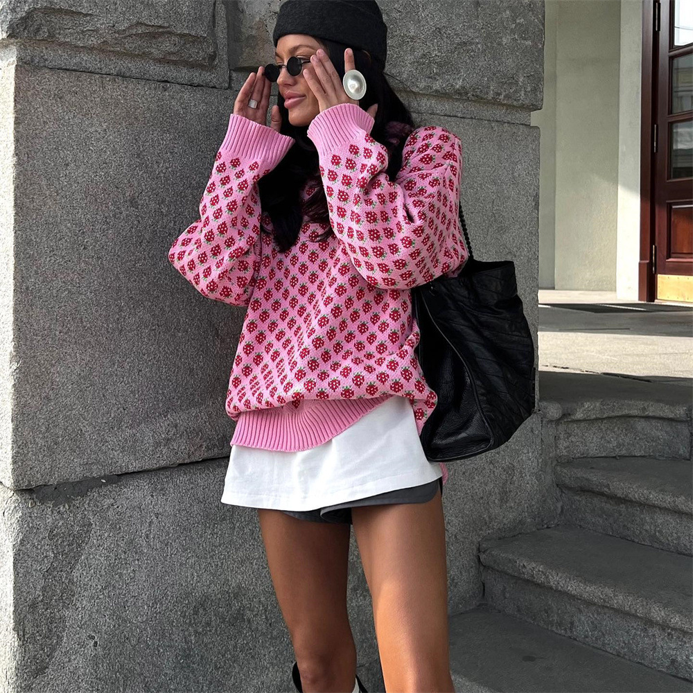 Designsoo Sweet Knit Sweater for Women – Cute Strawberry Print, Colorblock Crewneck Short Pullover