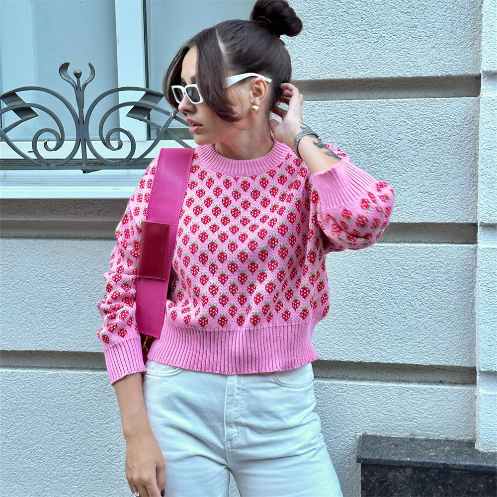 Designsoo Sweet Knit Sweater for Women – Cute Strawberry Print, Colorblock Crewneck Short Pullover