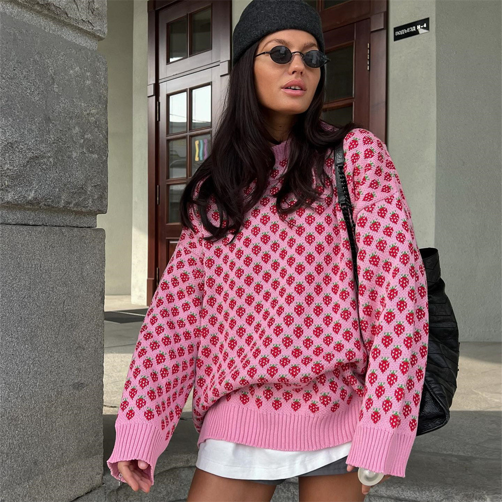 Designsoo Sweet Knit Sweater for Women – Cute Strawberry Print, Colorblock Crewneck Short Pullover