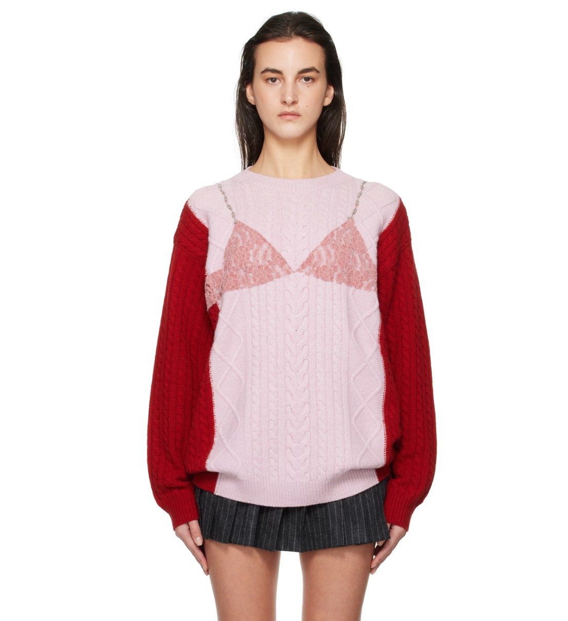 Designsoo Trendy Lace & Metal Patchwork Oversized Sweater for Women – Unique Design Knit Pullover