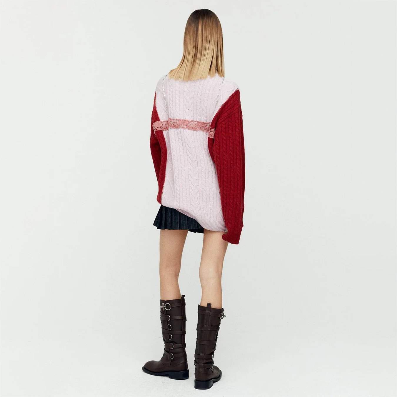 Designsoo Trendy Lace & Metal Patchwork Oversized Sweater for Women – Unique Design Knit Pullover