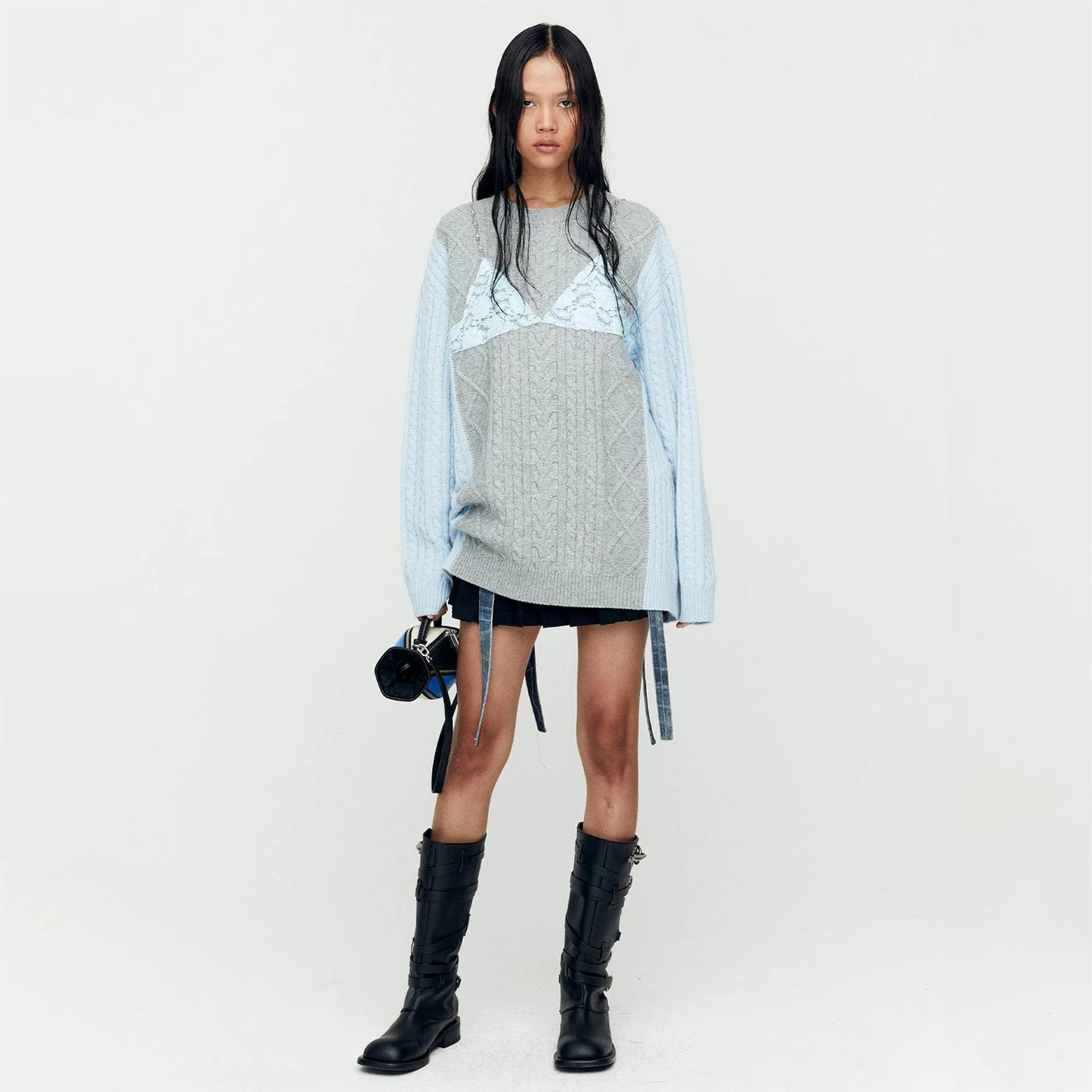 Designsoo Trendy Lace & Metal Patchwork Oversized Sweater for Women – Unique Design Knit Pullover