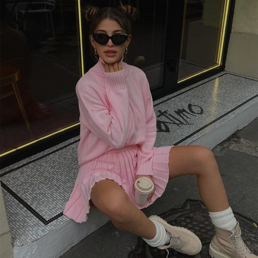 Designsoo Turtleneck Knit Top + Pleated Mini Skirt Elegant Two-Piece Set