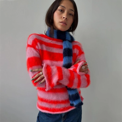 Designsoo Vintage Colorblock Stripe Mohair Oversized Sweater for Women – Cozy Knit Pullover 01
