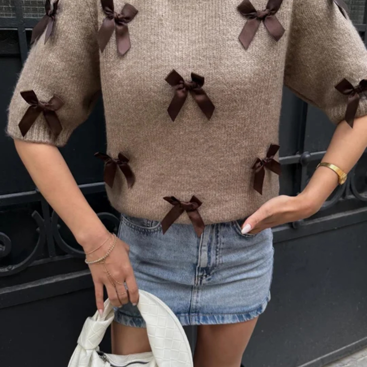 Bow Decorated Elbow Sleeve Knit Sweater for Women – Sweet Casual Top