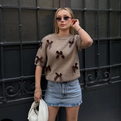 Bow Decorated Elbow Sleeve Knit Sweater for Women – Sweet Casual Top 02