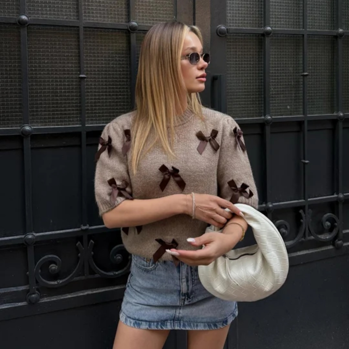 Bow Decorated Elbow Sleeve Knit Sweater for Women – Sweet Casual Top