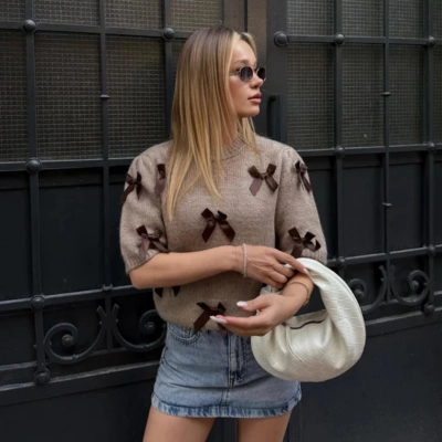 Bow Decorated Elbow Sleeve Knit Sweater for Women – Sweet Casual Top 01